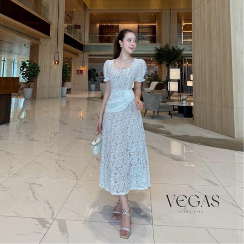 Lacey Square Neck Puff Sleeves Long Dress